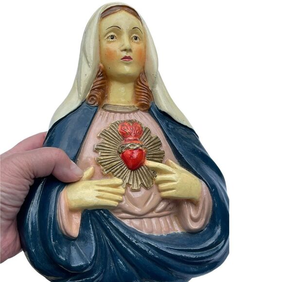 Midcentury Virgin Mary immaculate Heart wall plaque. Chalk-ware Catholic - Picture 1 of 4